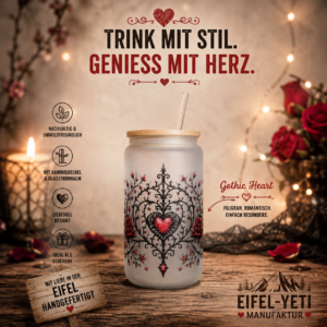 Gothic Heart – Trinkglas mit Bambusdeckel & Glasstrohhalm
